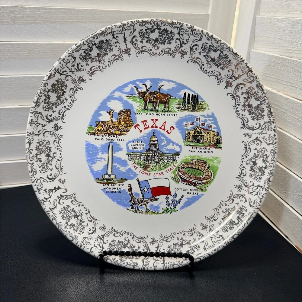 Vintage State of Texas Souvenir Decorative Plate with Scenic Landmarks - White